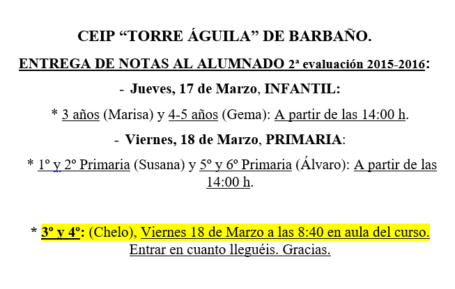 Horario de Entrega de Notas